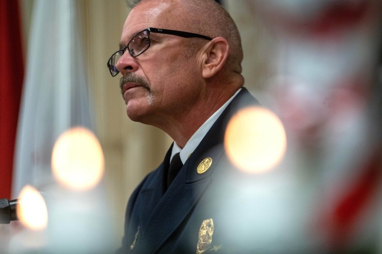 Ronnie Rodriguez, Winslow fire chief, recounts his experience responding to the Pentagon on Sept. 11, 2001, during a 9/11 remembrance service Saturday at the Elks Lodge in Waterville.
