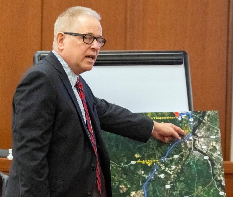 AUGUSTA, ME - SEPTEMBER 15: Defense attorney James Hawaniec points at a map while making opening statement in murder trial of his client Gage Dalphonse Wednesday September 15, 2021 in the Capital Judicial Center in Augusta. (Staff photo by Joe Phelan/Staff Photographer)