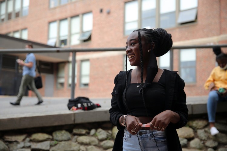 PORTLAND, ME - SEPTEMBER 22: Freshman Estrela Joao talks to a reporter about her decision to attend Deering High School. Enrollment numbers between Portland High School and Deering shifted in 2019 to Portland regularly enrolling larger classes than Deering. The result is about a 200 student gap currently in the enrollments between the two. There are also disparities in the percentages of low-income and students of color, and the trends are causing staffing and programming problems. (Staff photo by Ben McCanna/Staff Photographer)