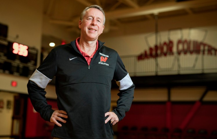 WELLS, ME – SEPTEMBER 28: Pat Moody is the new athletic director at Wells High School, photographed in the school's gym on Tuesday, September 28, 2021. Moody, who graduated from Wells High School in 1983, was a star athlete. (Staff photo by Gregory Rec/Staff Photographer)