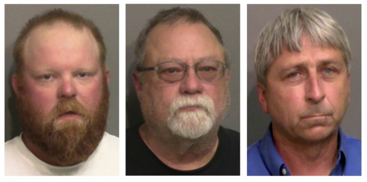 This combo of booking photos shows, from left, Travis McMichael, his father Gregory McMichael, and William "Roddie" Bryan Jr. 