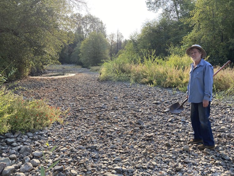 Jack Dwyer stands on the dry creek bed of Deer Creek in Selma, Ore. on Sept. 2. Several illegal marijuana grows cropped up in the neighborhood last spring, stealing water from both the stream and aquifers, he said. (Carol Valentine via AP)