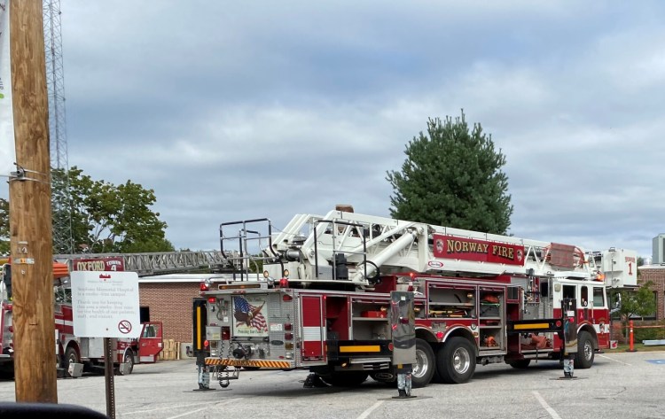 Fire crews used ladder trucks last Friday afternoon to access the roof of Stephens Memorial Hospital on Main Street in Norway after smoke was detected in the building.