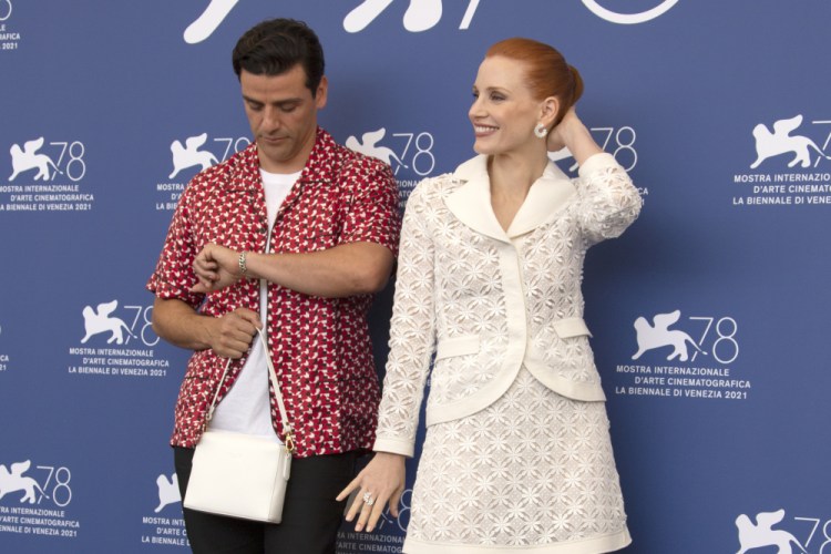 Oscar Isaac and Jessica Chastain pose for photographers at the photo call for the film "Scenes of a Marriage" during the 78th edition of the Venice Film Festival in Venice, Italy, on Saturday.


