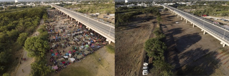 This photo combination shows an area in Del Rio, Texas, where migrants, many from Haiti, were encamped along the Del Rio International Bridge on Tuesday and a photo showing the area on Saturday after it was cleared off by authorities.