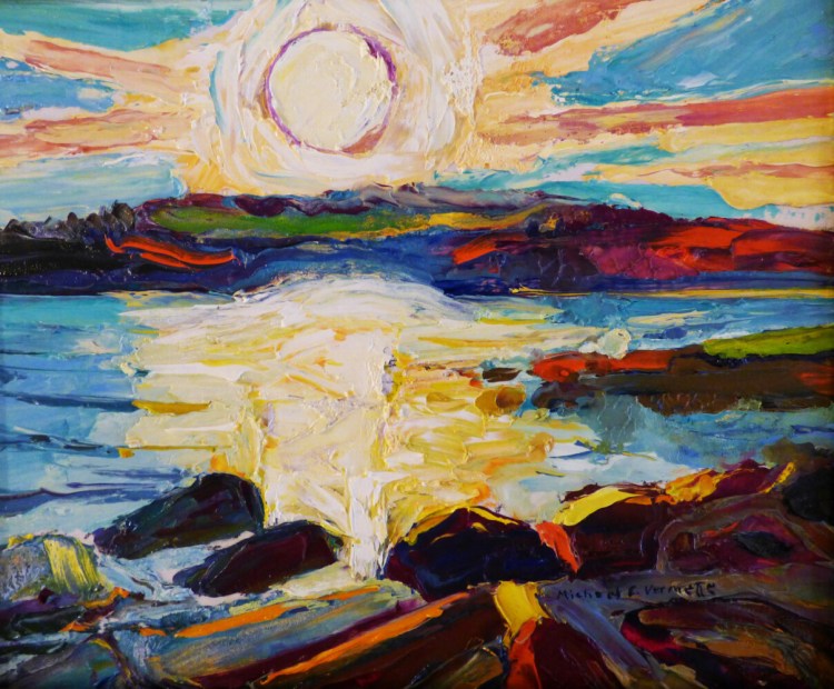 Michael Vermette's "Bright Sunset in August, Chamberlain Lake, Allagash Wilderness Waterway," oil on board, 8 by 10 inches. 