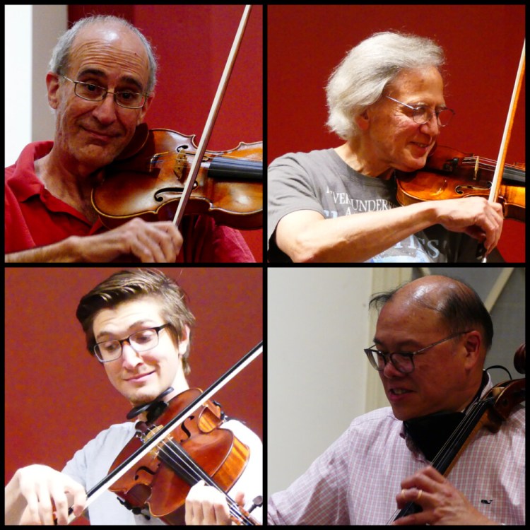 A composite photo of the Portland String Quartet, assembled from images taken during a recent rehearsal. Members include, clockwide from top left, Dean Stein, Ronald Lantz, Andrew Mark and guest Matthew Consul.