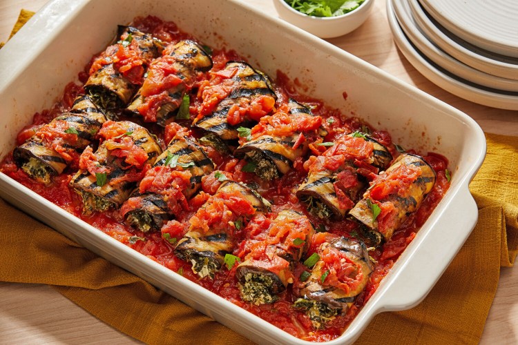 Grilled Eggplant Roll-Ups With Spinach and Goat Cheese. MUST CREDIT: Photo by Tom McCorkle for The Washington Post.