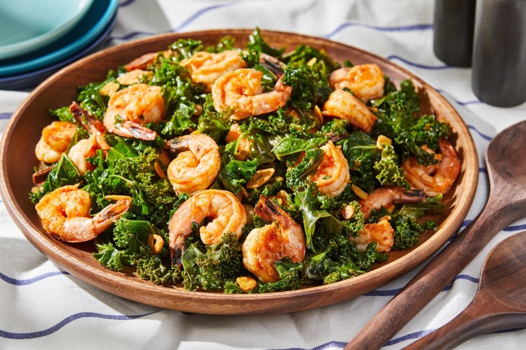 Shrimp With Kale, Garlic and Smoked Paprika. MUST CREDIT: Photo by Tom McCorkle for The Washington Post.