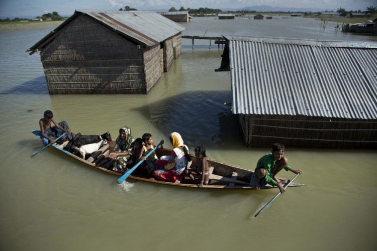 A flood-affected family with their goats travel on a boat in the Morigaon district, east of Gauhati, northeastern Assam state, India, in July 2016.  