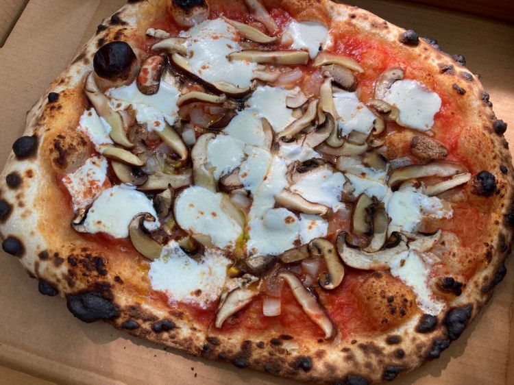 The funghi (mushroom) pizza with mozzarella and pecorino at Il Leone in Peaks Island. 
