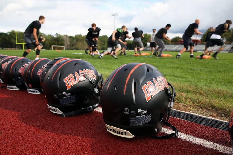 BRUNSWICK, ME - SEPTEMBER 30: Brunswick High School football players practice on Thursday. School officials are investigating an alleged hazing incident involving football players during a preseason event in August. (Staff photo by Ben McCanna/Staff Photographer)