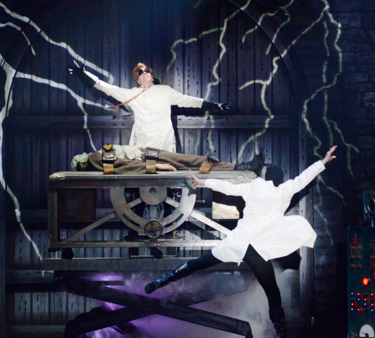 John Bolton as Dr. Frankenstein, Zachary James as The Monster, Will Burton as Igor in "Young Frakenstein" at Ogunquit Playhouse.