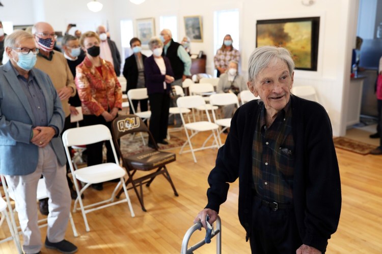 KENNEBUNKPORT, ME - OCTOBER 1: Frank Handlen, beloved and prolific artist, shipwright, sculptor and community friend was honored on Friday at the Kennebunkport Historical Society as the town's oldest resident at age 105. (Staff photo by Ben McCanna/Staff Photographer)