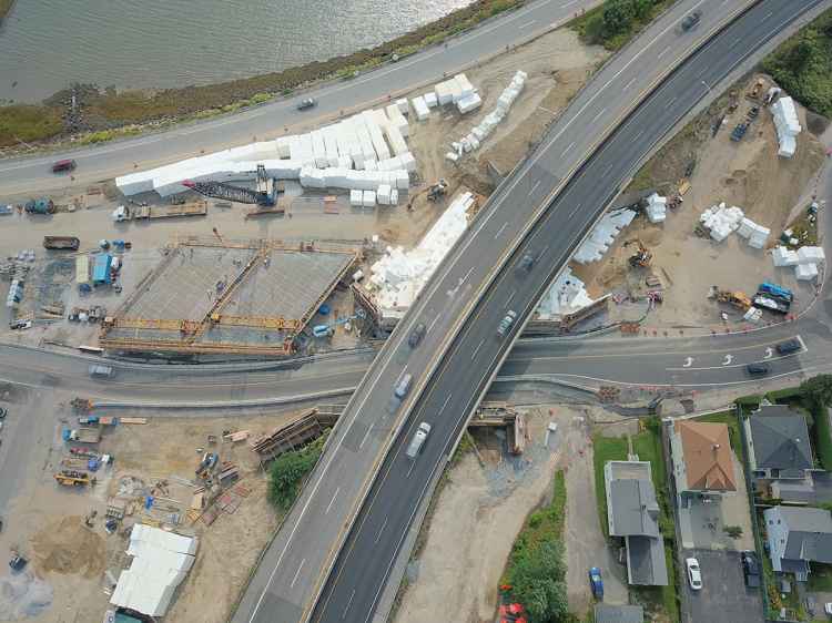 An aerial view of the Veranda Street overpass construction site. Last weekend, crews discovered some of the geofoam blocks that will make up the new bridge's foundation were damaged.