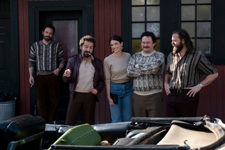 Maine actor Matthew Delamater, far right, in a scene from "The Tender Bar," with Ben Affleck, far left, and other cast members. 