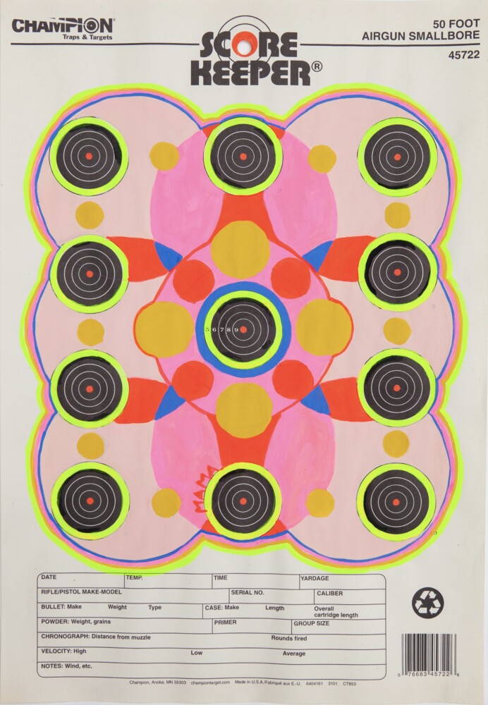 Crystalle LaCouture, "MAMA Drawing #30," gouache and colored pencil on SCORE KEEPER shooting target, 11” x 16”, 2021.