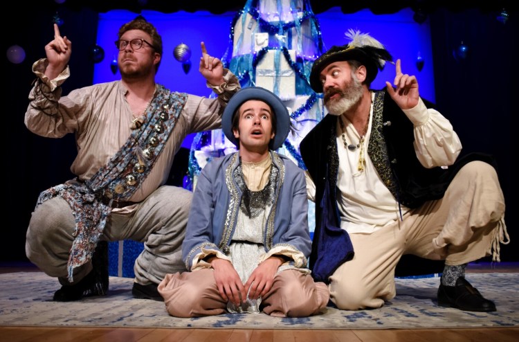 James Patefield (as Feste), Nolan Ellsworth (as Sir Andrew), and Christopher Holt (as Sir Toby) in Fenix Theatre Company's "12th Night."