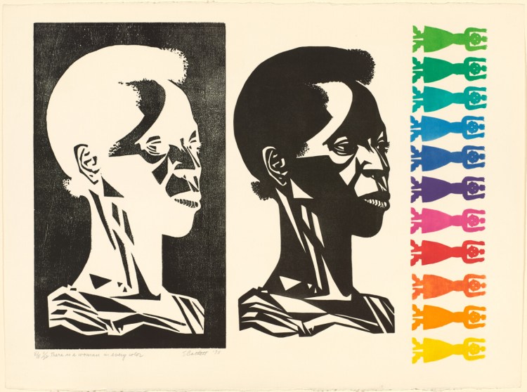 "There is a Woman in Every Color," 1975, color linoleum cut, screen-print, and woodcut by Elizabeth Catlett. Museum Purchase, Lloyd O. Marjorie
Strong Coulter Fund, Bowdoin College Museum of Art. © 2021 Catlett Mora Family Trust / Licensed by VAGA at Artists Rights Society (ARS), NY. 