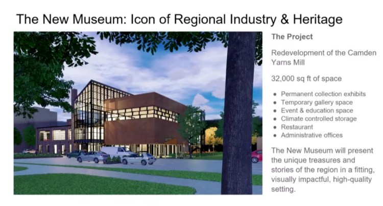 An image taken from a presentation from Museum L-A shows a rendering of the new, 36,000 square-foot museum at the former Camden Yarns Mill in Lewiston. The museum is launching a $17 million capital campaign toward the project. 