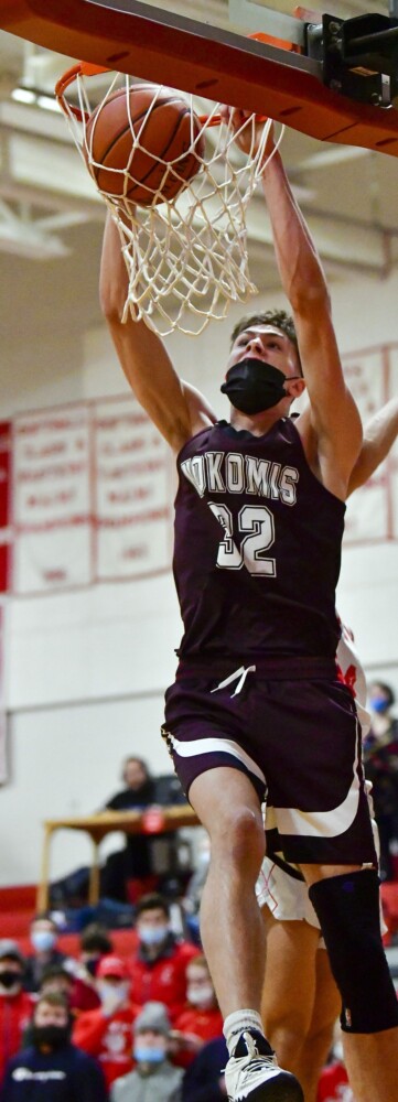Nokomis freshman Cooper Flagg throws down a dunk against Cony during a boys basketball game Jan. 8 in Augusta. 