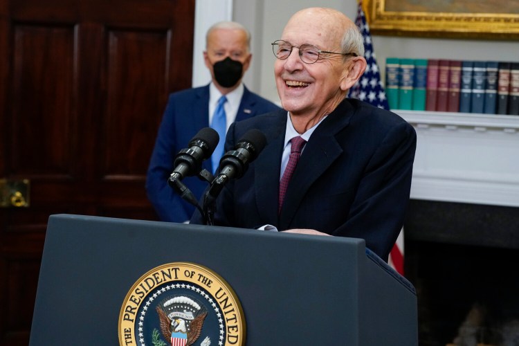 Supreme Court Associate Justice Stephen Breyer announces his retirement in the Roosevelt Room of the White House in Washington, Thursday, Jan. 27, 2022. President Joe Biden looks on. (AP Photo/Andrew Harnik)