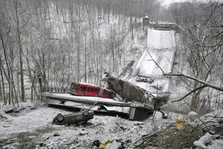 A Port Authority bus  was on a bridge when it collapsed Friday Jan. 28, 2022 in Pittsburgh's East End.  