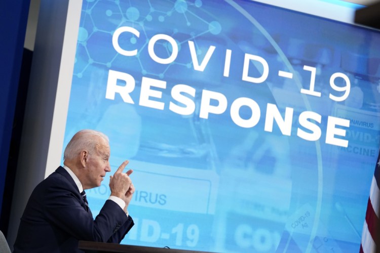President Biden speaks about the government's COVID-19 response Thursday in the South Court Auditorium in the Eisenhower Executive Office Building on the White House Campus in Washington.