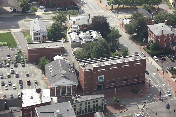 An aerial view of the Portland Museum of Art's campus at Congress, Free and High streets, with the Payson Building to the lower right and, to its left, the former Children's Museum where the expansion plan is focused. 