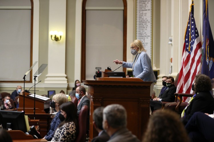 AUGUSTA, ME - FEBRUARY 10: Gov. Janet Mills delivers her State of the State Address at the Maine State House on Thursday. (Staff photo by Ben McCanna/Staff Photographer)