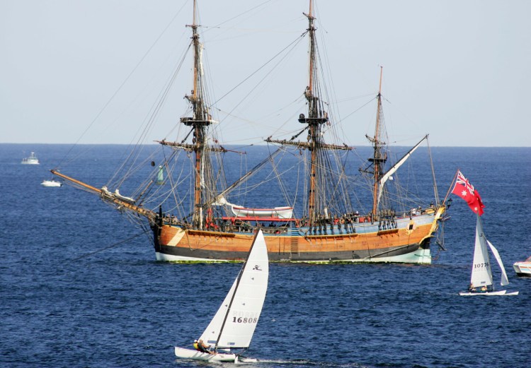A replica of the ship the Endeavour sits at anchor in Botany Bay, Sydney, in 2005. Experts said on Thursday that they had identified what's left of British explorer James Cook's ship Endeavour in Newport Harbor, Rhode Island.