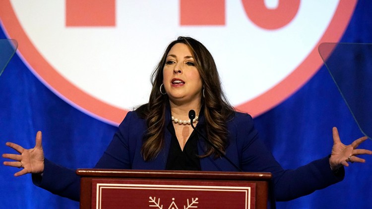 Ronna McDaniel, the GOP chairwoman, speaks during the Republican National Committee winter meeting Friday, Feb. 4, 2022, in Salt Lake City. Republican Party officials voted to punish GOP Reps. Liz Cheney and Adam Kinzinger for their roles on the House committee investigating the Jan. 6 insurrection and advanced a rule change that would prohibit candidates from participating in debates organized by the Commission on Presidential Debates. (AP Photo/Rick Bowmer)