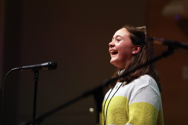 Amelia Rice of Lincoln County reacts after winning the 2022 Maine State Spelling Bee on Saturday at the University of Southern Maine in Portland. She will go on to represent Maine in the 2022 Scripps National Spelling Bee.