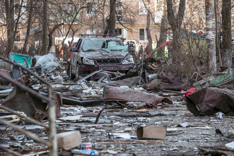 The site of a bombing that damaged residential buildings in Kyiv on March 18. MUST CREDIT: Photo for The Washington Post by Heidi Levine