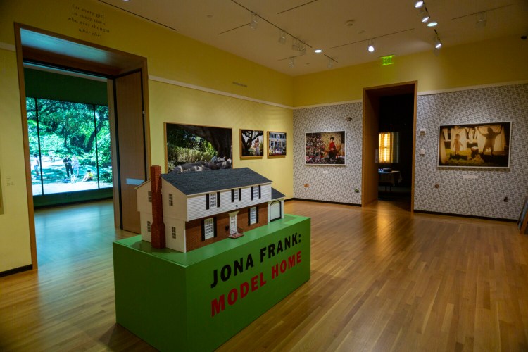 A doll-size reproduction of Jona Frank's childhood home in Cherry Hill, NJ, is at the center of one of the four galleries at Bowdoin College Museum of Art displaying her installation "Model Home."