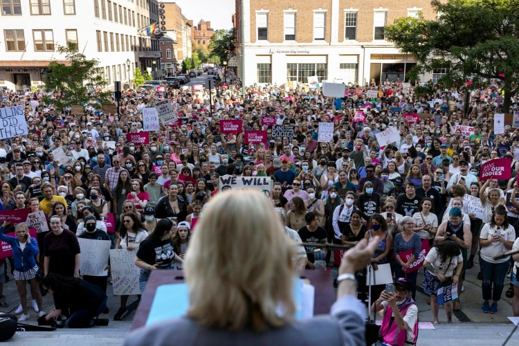 Maine Gov. Janet Mills speaks to over 1,000 protesters at Portland City Hall during a rally June 24 decrying the Supreme Court decision to overturn Roe v. Wade.