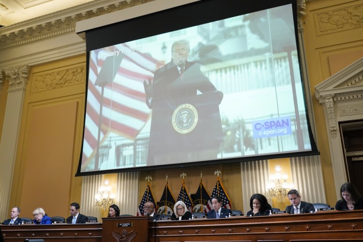 A video of then-President Donald Trump speaking is displayed as the House select committee investigating the Jan. 6 attack on the U.S. Capitol holds a hearing July 12 at the Capitol in Washington.