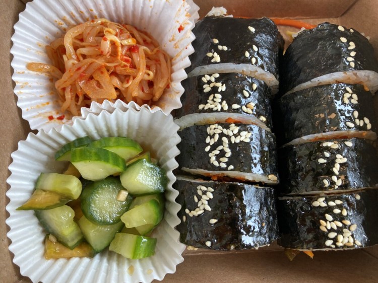 The vegetarian (with egg) gimbap lunch at Onggi. It was also available with soy-braised pork ($14) or gochujang koji chicken ($14). 