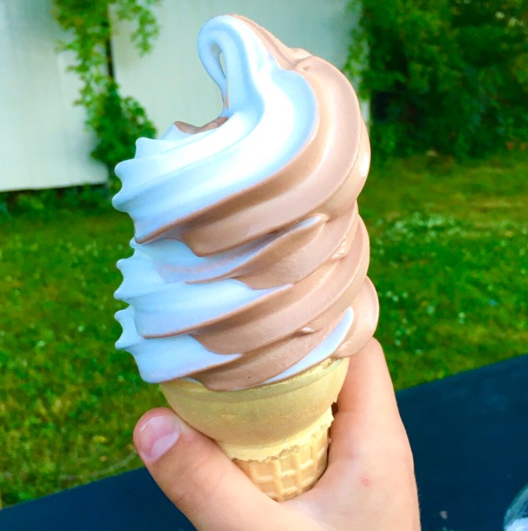 A twist of vanilla and chocolate vegan soft serve from Curbside Comforts in Gorham.