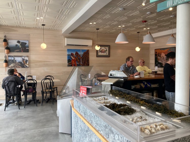 Inside Knightville's Sopo Seafood on a recent Wednesday afternoon, looking toward the raw bar. 