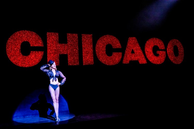 Jessica Ernest on stage in "Chicago" on Broadway. She's the first performer on stage, greeting the audience, and is also understudy for the star role of Roxie Hart. 