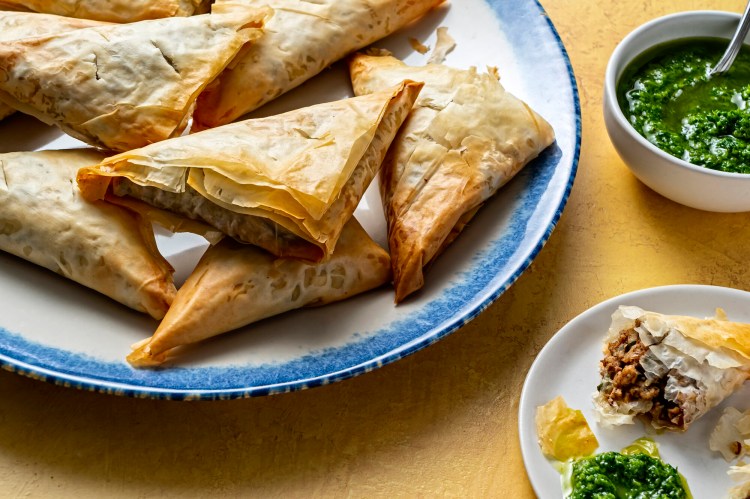 These featherlight chicken phyllo pies are a delightfully crisp bite.