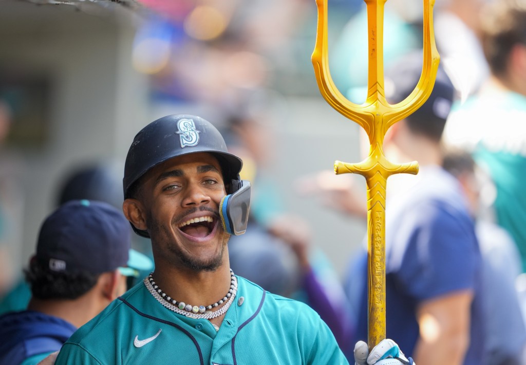 Julio Rodriguez of the Seattle Mariners celebrates his two-run