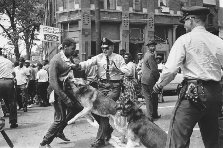 African American high school student Walter Gadsden, 15, an onlooker to the protest, is attacked by a police dog during a civil rights demonstration in Birmingham, Ala., on May 3, 1963. For some, the scene of a trucker being attacked by a police dog on a rural Ohio highway in July 2023, harkens back to the Civil Rights Movement, when authorities often turned dogs on peaceful Black protesters marching for equality. Bill Hudson/Associated Press, file
