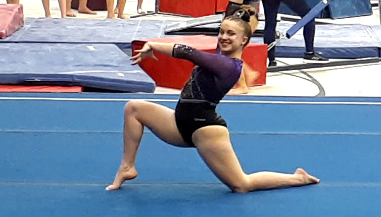 Reese Bailey of Pittston completes her floor routine at Saturday's Never Give Up Never Quit Invitational at the Augusta Armory.