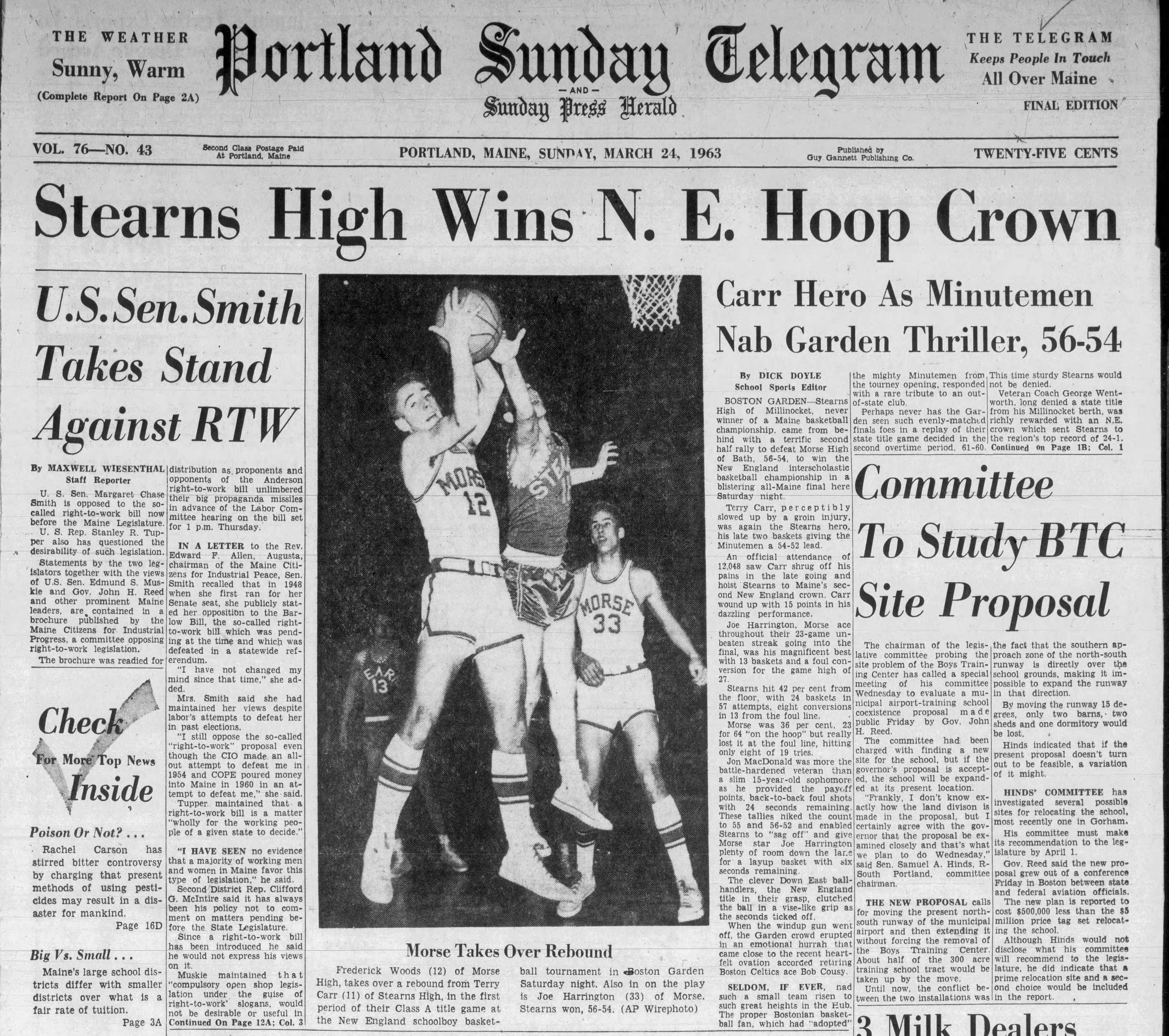 The Stearns-Millinocket battle for the New England high school basketball championship was front-page news in 1963.