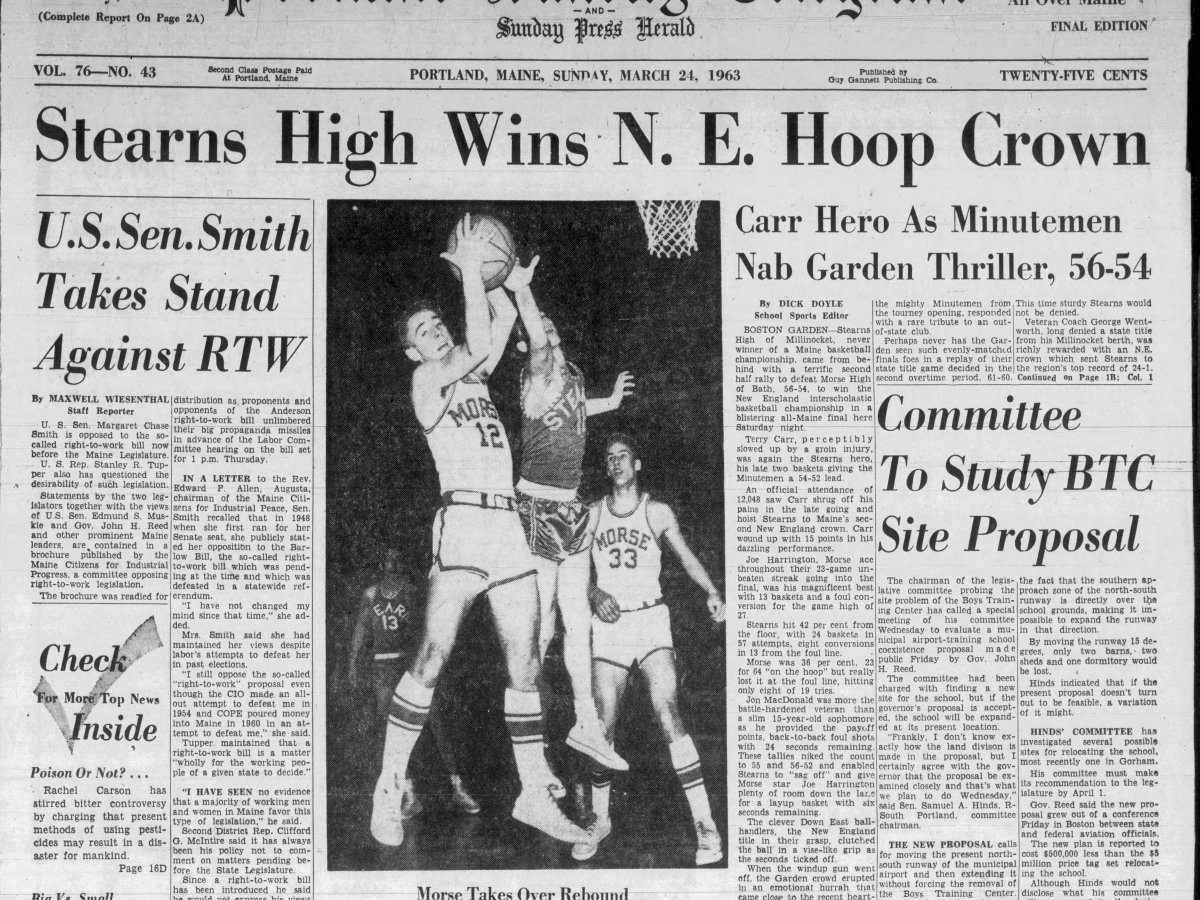 The Stearns-Millinocket battle for the New England high school basketball championship was front-page news in 1963.
