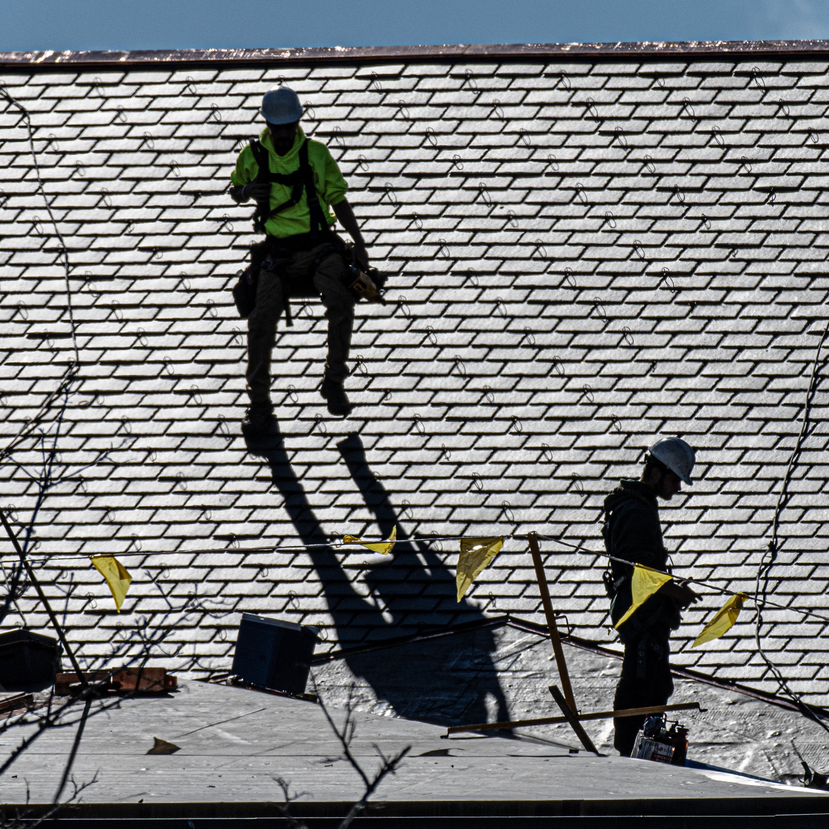 A crew from G & E Roofing works Wednesday on the roof the Kennebec County Court House in Augusta. The roof of the historic Kennebec County Courthouse, at corner of Winthrop and State streets, was severely damaged as remnants of Hurricane Beryl moved through New England in July.