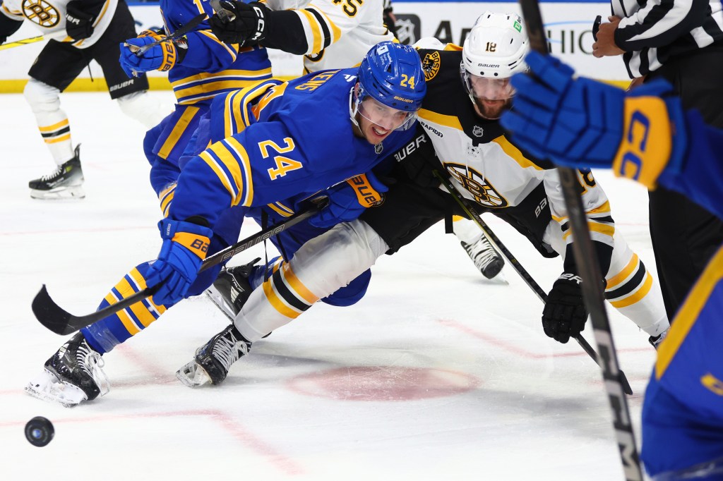 Sabres' Thompson, Peterka each score hat tricks in win over Bruins
