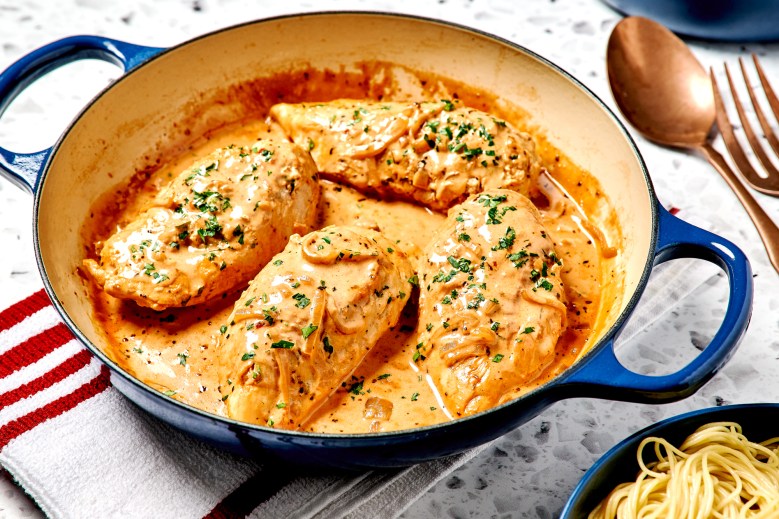 Chicken in creamy tomato sauce is an easy dish that’s company-worthy